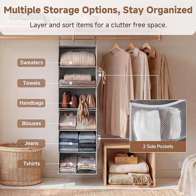 StorageWorks 6-Shelf Jumbo Closet Organizers, Two 3-Shelf Separable Hanging Shelves for Closet, 13" D x 15" W x 47 ¼"H，Gray - Image 8