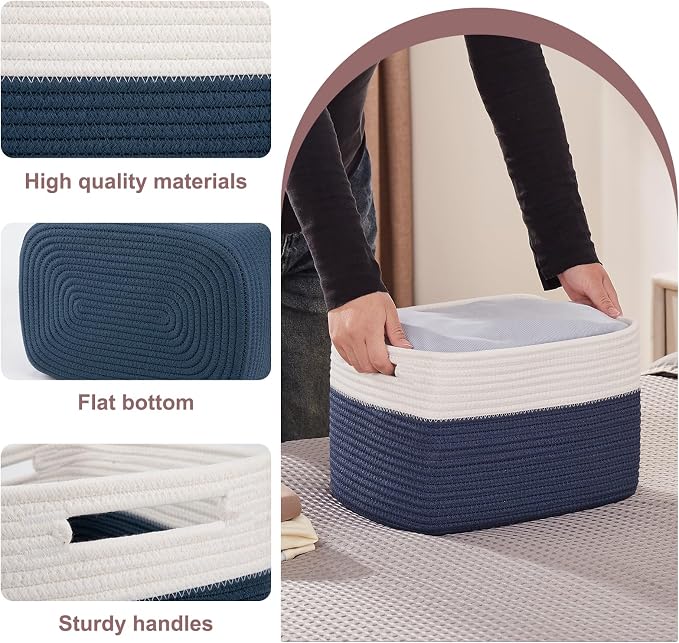 OIAHOMY 4 Pack Storage Basket, 13"x9"x7.8" Cotton Rope Baskets for Shelves, Closet Organizer for Bedroom & Living Room, Soft Decorative Bins for Organizing Towels, Books & Toys, Blue & White - Image 3