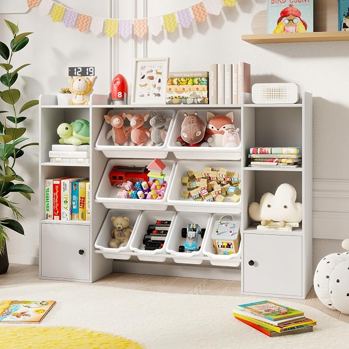 Costzon Kids Toy Storage Organizer w/ 8 Bins, Wooden Toddler Bookcase w/Open Shelves & Cabinet, Multifunctional Toy Storage Cabinet for Kids Room, Nursery & Playroom - Image 2