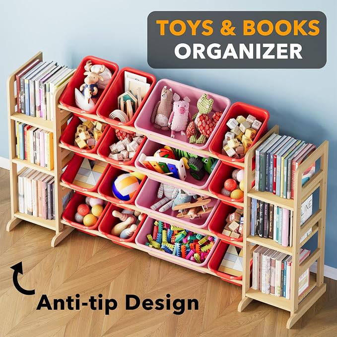 SpaceAid Toy Storage Organizer with 6 Shelves and 16 Bins, Toy Organizers Storage Bookshelf, Kids Bin Shelf Toys Box Bookcase for Bedroom Playroom Organization Room Decor, Red and Pink - Image 4