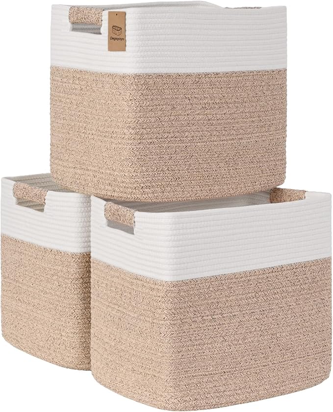 15×13 Inch Storage Cubes, 3 Pack Cube Storage Bins for Organizing, Cotton Rope Woven Baskets for Shelves, Bathroom, Kids Room, Closets, Baby Nursery by Degeyoyo