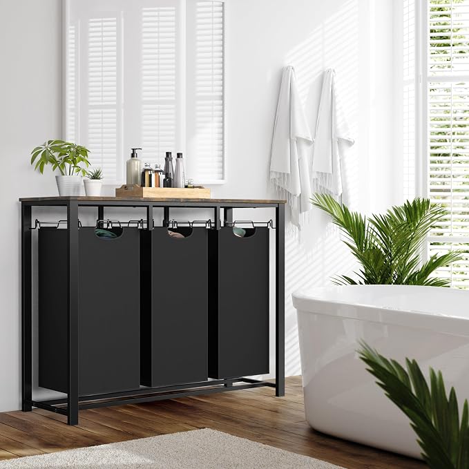 Simple Houseware 3-Section Laundry Sorter w/Tabletop Shelf, Rustic Brown | 3 Pull-Out,10-Gallon Hampers, Metal Frame Laundry Organizer for Bedroom, Bathroom, - Image 6