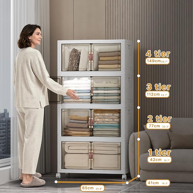 Stackable Storage Bins, 896QT Collapsible Drawers with 2 Lids | Large Capacity, Magnetic Door, Stack Lock, Rolling Wheels, Foldable Design, Organizers and Storage for Bedroom Dorm Garage - Image 3