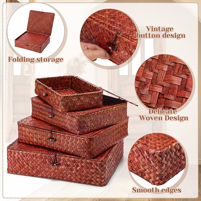 Didaey Set of 4 Seagrass Basket with Lid Wicker Storage Basket Decorative Storage Boxes with Lids Flat Storage Bins Woven Organizer Baskets for Shelf Closet Bedroom, 4 Sizes (Retro Red) - Image 3