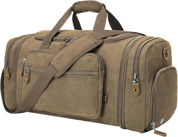Gonex Canvas Duffle Bag, Expandable 60L Travel Overnight Weekender Bag | for Men, with Shoe Compartment, Multiple Pockets, Tear-Resistant, Durable Zippers, Detachable Strap, Coffee by Gonex