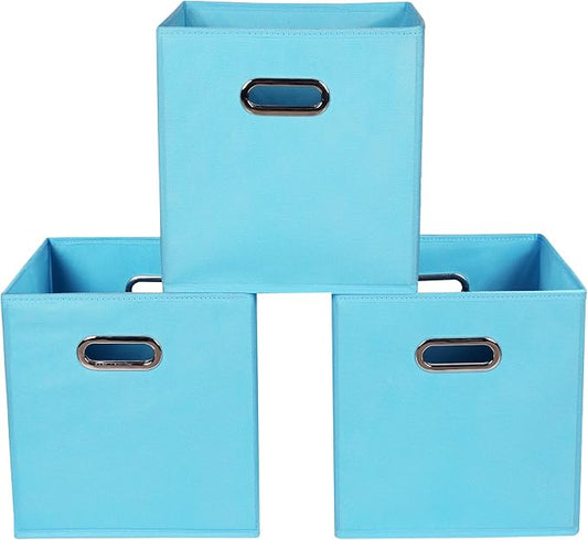 Yunkeeeper storage bins Cubes, Fabric Cube Organizer with Handle, Foldable Cube Bins for Cloth or Accessary Storage, 11x11x11, Set of 3, (Blue) by Yunkeeper
