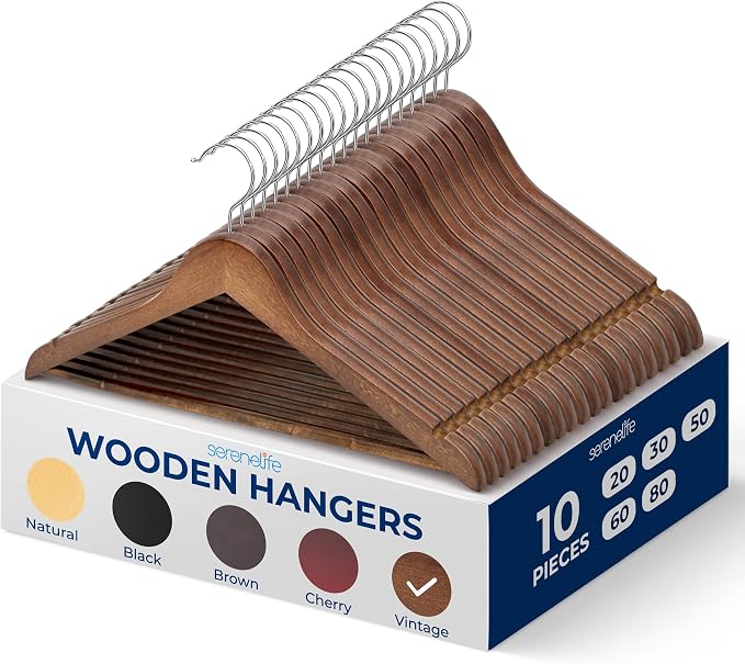 SereneLife 10-Pack Vintage Wooden Suit Hangers – Premium Solid Wood Coat Hangers with 360° Swivel Hook & Notches – Heavy-Duty, Space-Saving Design for Shirts, Jackets, Dresses & More by SereneLife