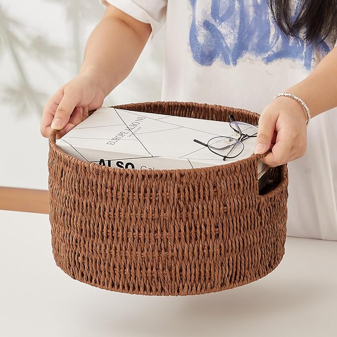 Wicker Storage Basket, Hand-Woven Paper Rope Large Round Woven Basket With Handles, Wicker Baskets for Organizing/Storage, Brown, 3-Pack - Image 3
