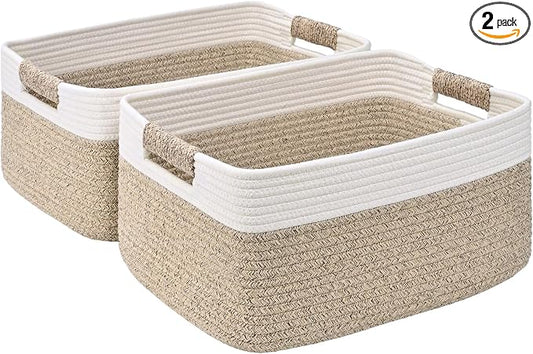 2 Pack Large Storage Basket for Organizing, 17.5"x13"x7" Woven Basket for Shelves, Closet Cube Storage Bins with Wrapped Handle, Cotton Rope Baskets for Kitchen, Clothes, Toys(Off White & Brown) by Degeyoyo