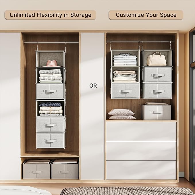 6-Shelf Hanging Closet Organizer with 3 Drawers, Separable, Silver Gray | Converts into Two 3-Shelf Organizers, Foldable Drawers, Side Pockets, Ideal for Wardrobe, Nursery, Dorm & Closet Storage - Image 5