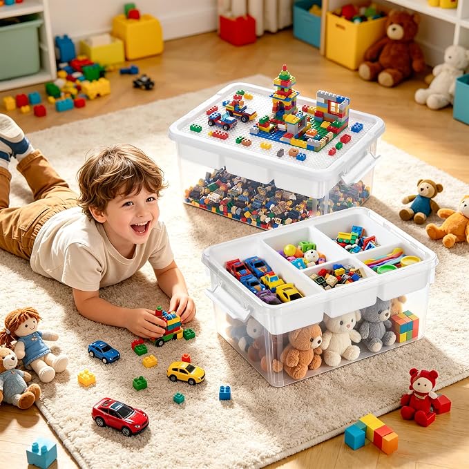 Citylife 17QT 2-Pack Toy Organizer Craft Storage Buildable Lid Movable Tray | Plastic Craft Organizers and Storage with Build-On Lid for Beads, Tools, Sewing Supplies, Deep Base, Secure Clasp, kids Toy - Image 2