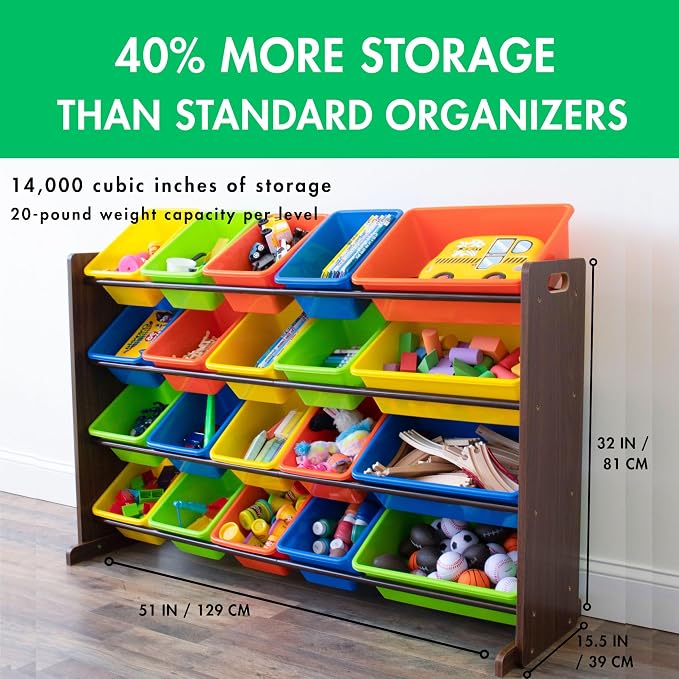 Humble Crew Extra-Large Toy Organizer with 20 Plastic Bins – Dark Walnut/Neon Storage Rack with 4-Tier Shelves, Anti-Tip Safety, for Kids’ Rooms, Playrooms, Nurseries & Classrooms - Image 3