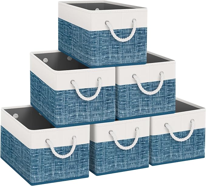 Storage Bins 6-Pack, Foldable Storage Baskets for Organizing Toys, Books, Shelves, Closet, Large Storage Box with Rope Handles, Sturdy Organizer Bins, White & Blue by Fabtotes