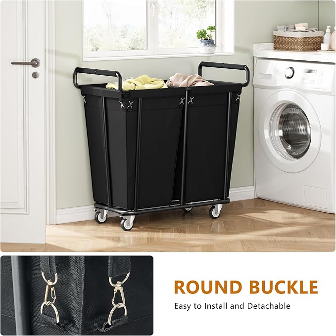 Gewudraw Heavy Duty Laundry Hamper with Wheels 2 Section, 360L, Black | Big Rolling Laundry Basket Sorter Cart, Extra Large Clothes Hamper, Laundry Basket Organizer for Laundry Room, Bathroom - Image 3