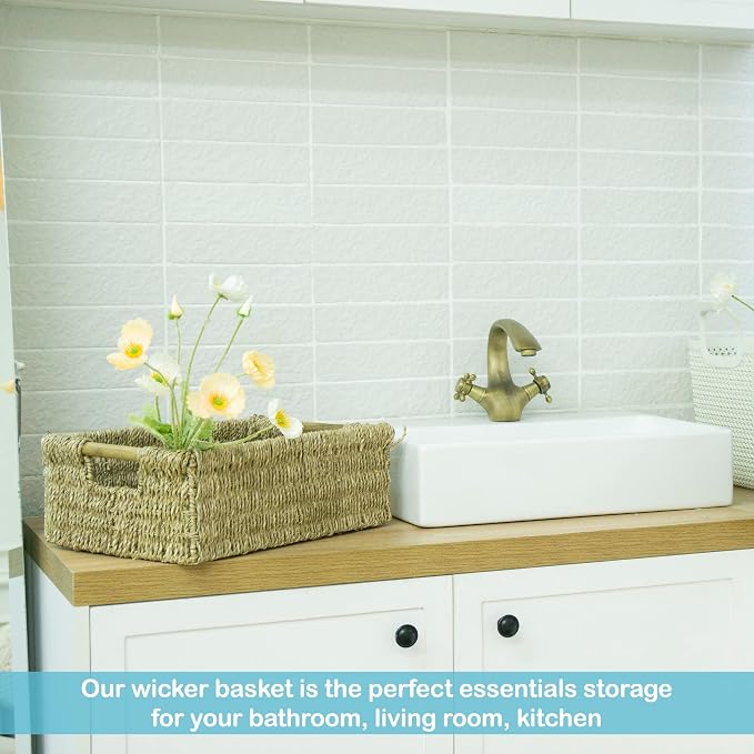 Large Natural Wicker Basket Rectangular with Wooden Handles, Seagrass Storage for Organizing, Shelves 15.5 x 10.6 x 5.5 inches - Image 5
