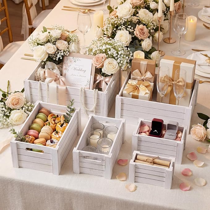 AceOrbit 6 Pcs Decorative Wood Crates for Storage Display 6 Size Rustic Nesting Crates with Handle Farmhouse Wooden Container Boxes for Wedding Bride Shower Party Market Farmers Decor(Vinage White) - Image 3