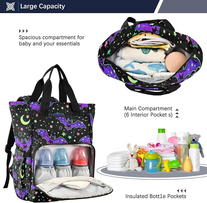 MNSRUU Diaper Bag Magic Galaxy Bat Diaper Bag Backpack Multifunction Travel Diaper Bag Tote Large Capacity Diaper Changing Backpacks for Moms Dads - Image 5