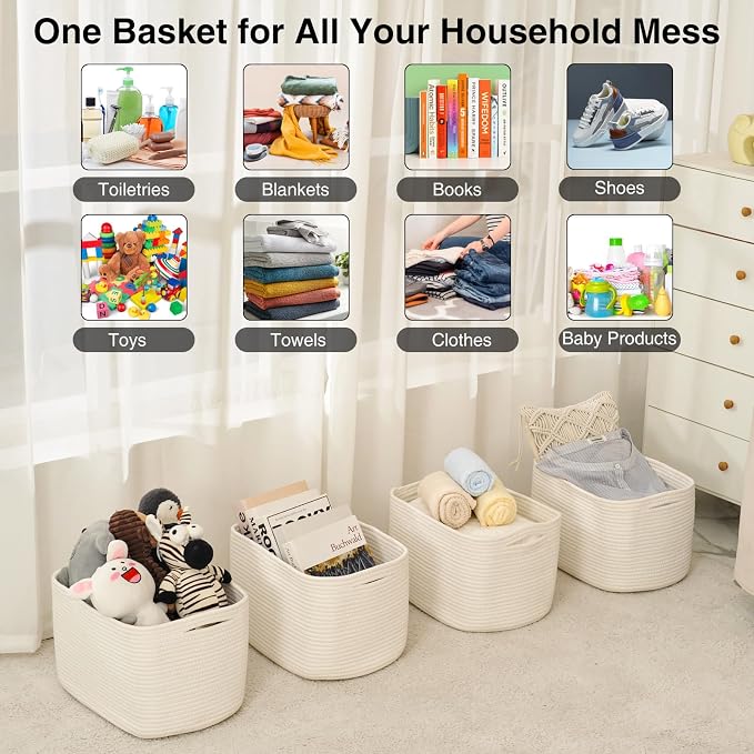 ICERZCZ Woven Cotton Rope Storage Baskets for Organizing & Shelves, Organization Bins for Dog Toys, Clothes, Books, Nursery Organizer, 15"x11"x9", Off White (4 Packs) - Image 3