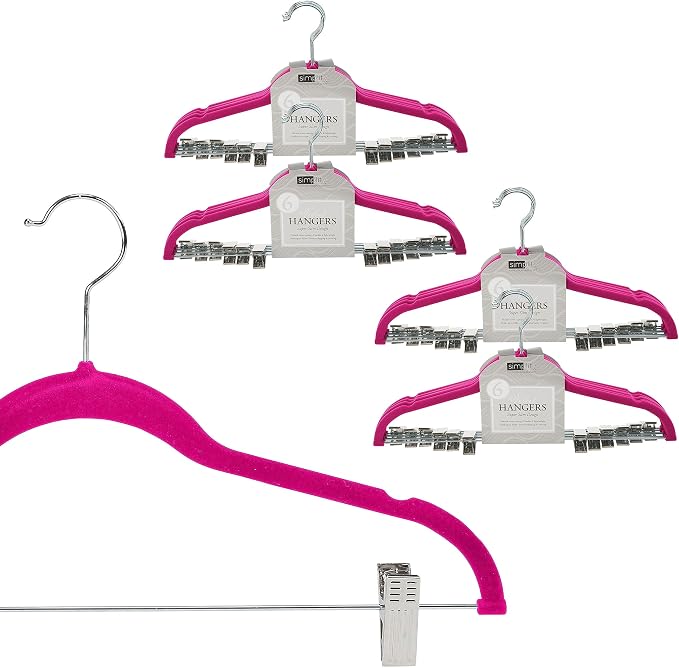 Simplify 24 Pack Velvet Hangers with Clips | Skirt and Pants | Slim Space Saving | Closet Organization | Non-Slip | Prevent Creases | Swivel Neck | Durable | Fuchsia by Simplify