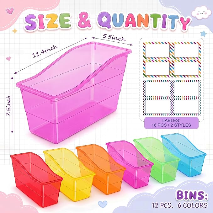 Blosssound 12 Set Book Bins for Classroom Stackable,Translucent Colorful | Plastic Baskets with Labels, Slanted Front, Library Supplies Organizers, Desktop Storage Bins, Teachers Home School Use - Image 2