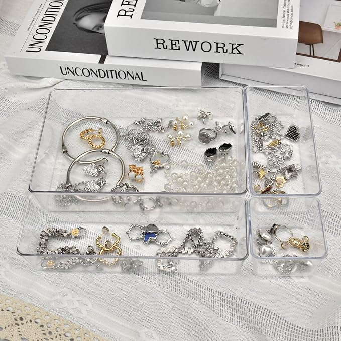 Manalete 15 Pcs Clear Plastic Drawer Organizer, Makeup & Vanity Organizer | 4-Size Versatile Desk Organizer & Storage Bins for Kitchen, Bathroom, Office, Jewelries, Easy Clean, Stackable, BPA-Free - Image 4