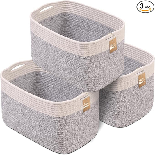 CHAT BLANC Cotton Rope Baskets for Organizing | Storage Baskets for Shelves | Rope Basket for Storage, Small Laundry Baskets, Woven Baskets for Storage, Dog Toy Bin, Baby Basket,Off White &Gray 3 Pack by CHATBLANC