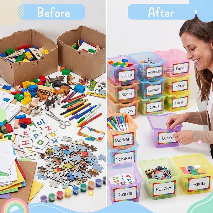 Funrous 72 Pack Plastic Cubby Bins for Classroom, Stackable Storage Bins with Rainbow Labels and Handles Cubby Organizer Containers for Teacher Supplies Home Office Daycare and Playroom (Bright) - Image 4