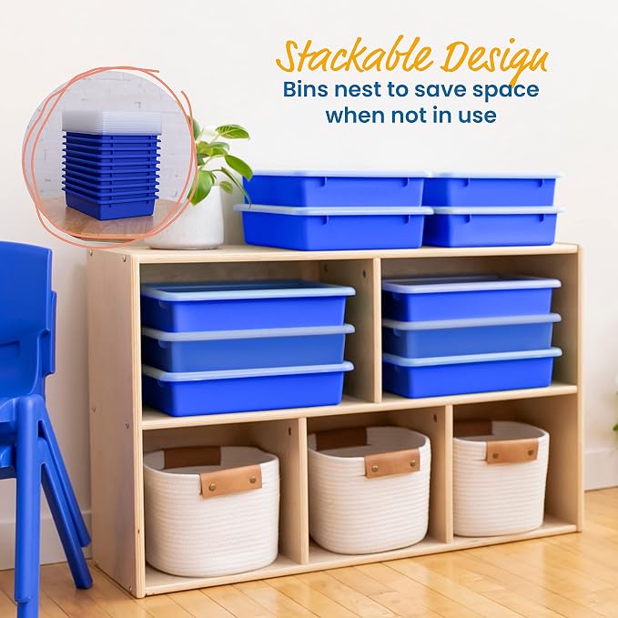 ECR4Kids Letter Size Plastic Tray Organizer with Lids, Small, Storage Bins, Blue, 10-Piece | Durable plastic, GREENGUARD Gold Certified, 2 gallon capacity, stackable/nestable, easy-lift lids, classroom & home use - Image 5