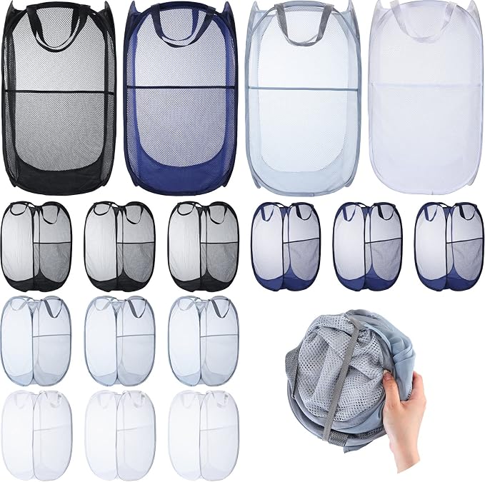 Gejoy 16 Pcs Mesh Pop up Laundry Hamper Bulk Collapsible Laundry Basket Large Foldable Clothes Hamper with Handles Ideal for Kids Adults, College Dorm, Travel, Hotel, 14. 1 x 22. 8 Inch by Gejoy