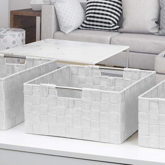 Sorbus Storage Box Woven Basket Bin Container Tote Cube Organizer Set Stackable Storage Basket Woven Strap Shelf Organizer Built-In Carry Handles (White) - Image 5