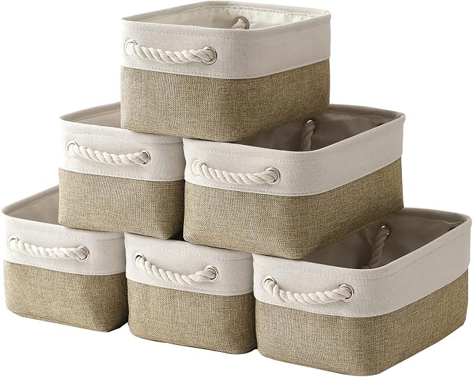 TcaFmac Storage Bins for Shelves - Small 6 Pack Collapsible Storage Basket for Organizing, Fabric Storage Cubes with Handle for Closet Cloth Toy Gift Kids (White & Khaki 11.8x7.8x5.2 inch) by TcaFmac