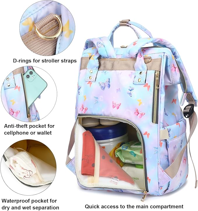 Butterfly Baby Diaper Bag Backpack for Girls Boys, Waterproof Large Maternity Nappy Bags for Mom - Image 3