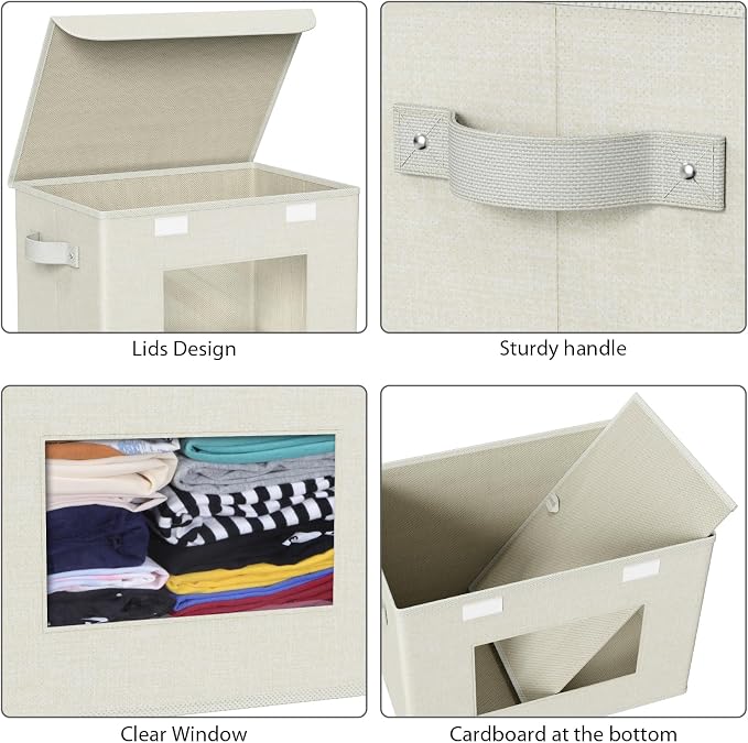 Univivi Fabric Storage Bins with Lids for Clothes 4 Pack, Beige Linen | 17 x 12 x 12 In Foldable Storage Boxes with Handles, Clear Window, Closet Organizers for Home, Bedroom - Image 4
