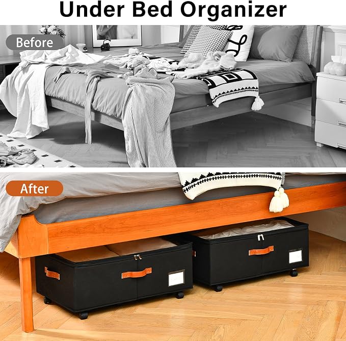 Freebat Under Bed Storage with Wheels 2 Pack, Underbed Container | 10 inch Height Under Bed Drawers with Clear Lid Cover, Storage Bag Box with Visiable Window for Clothes, Bedsheet, Pillow - Image 6