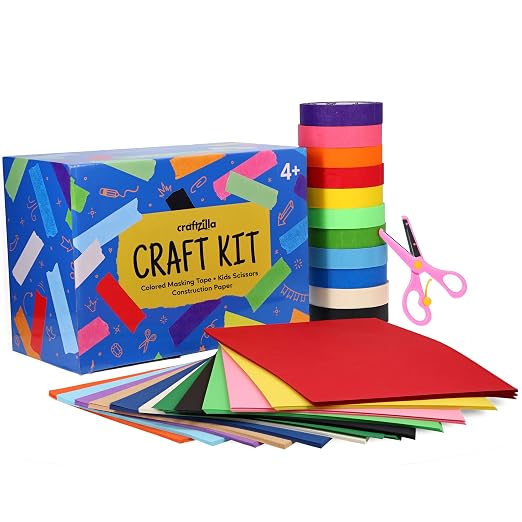 Craftzilla Arts and Crafts Kit for Kids – 11 Colored Masking Tape Rolls, 240 Sheets Construction Paper Assorterd Colors, Kid-Safe Scissors – All-in-One Kids Art Supplies Set - Arts and Craft Supplies by Craftzilla