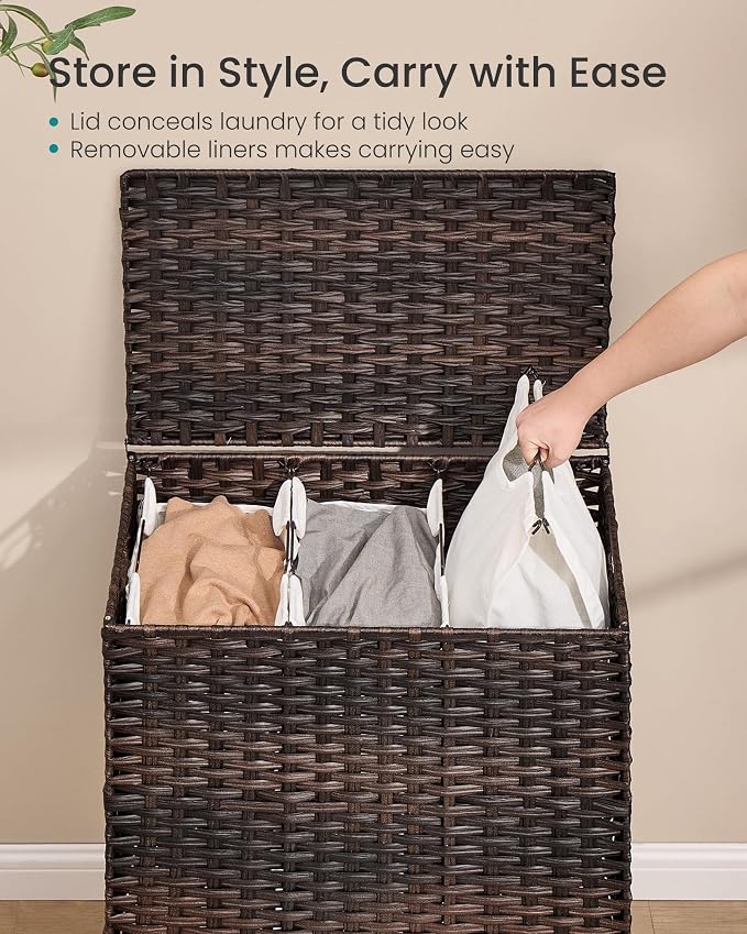 SONGMICS 3-Section Laundry Hamper with Lid, 42.2 Gal (160L) PE Rattan Laundry Basket with Removable Washable Liners, for Bedroom & Living Room, Chestnut Brown ULCB223ME01 - Image 4