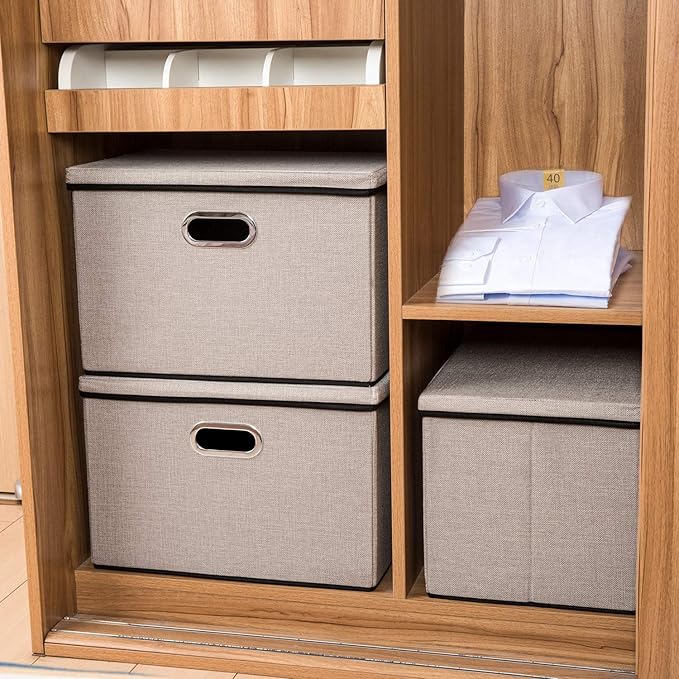 Large Foldable Storage Bin with Lid [1-Pack] Linen Fabric Decorative Storage Box Organizer Container Basket Cube with Handles Divider for Closet Office Living Room Light Grey(17.7x11.8x11.8) - Image 3