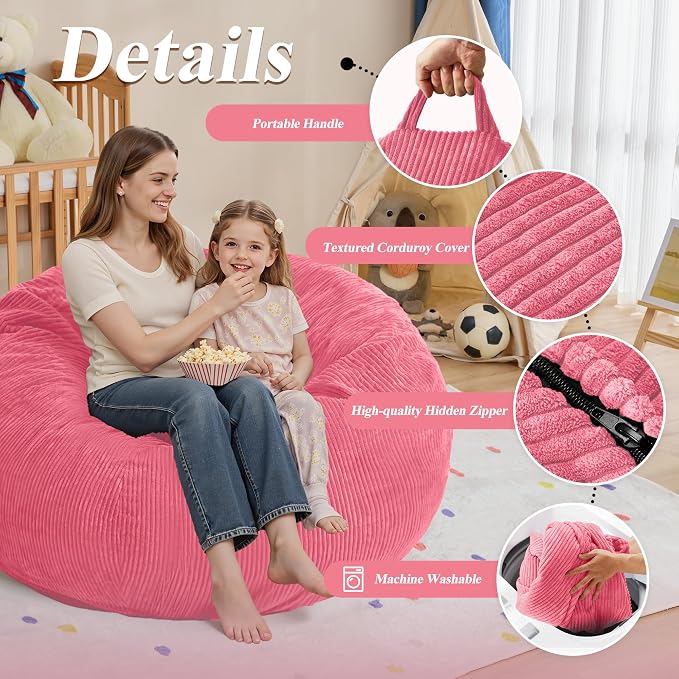 5FT Bean Bag Chair for Adults,Gaint Teardrop Beanbag with Filler | Beanbag Chair with Memory Foam Filled,Bean Bags with Handy Handle&Machine Washable Cover for Living Room,Bedroom-Pink - Image 5