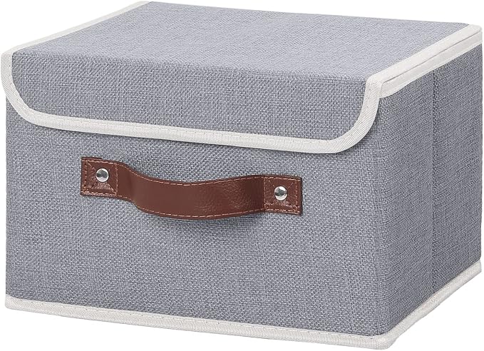 ANMINY Fabric Storage Box Bins with Lids, Gray, 10"x8"x7" | Keepsake Memory Storage, Cotton Linen, PP Board Reinforced, Washable, PU Handles, Foldable & Stackable, Decorative, Small by ANMINY