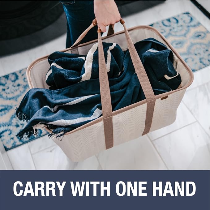 CleverMade Collapsible Laundry Tote LUXE, 50L Carry-All Tote, 2 Pack, Mocha | Bring a Polished Look to Laundry Day | Cotton-Blend Fabric and Vegan Leather Pair with Long Handles and 55 lb Support - Image 3