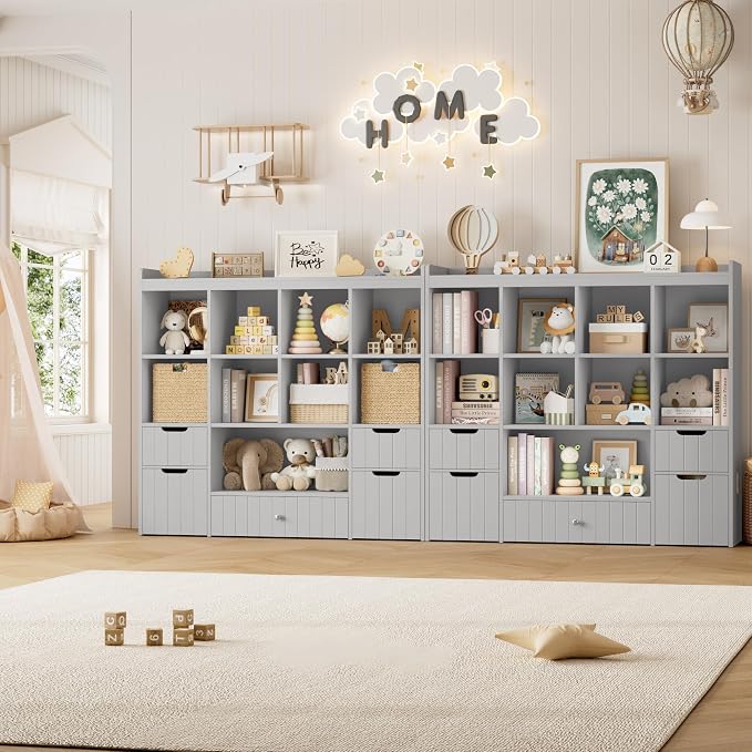 HORSTORS 48" W Kids Toy Storage Organizer, Kids Bookshelf w/Storage, Grey | 2 Mobile Toy Boxes & 3 Drawers, Toy Storage Chest with Open Cubbies for Boys and Girls, Kids Bookcase for Playroom, Classroom - Image 5