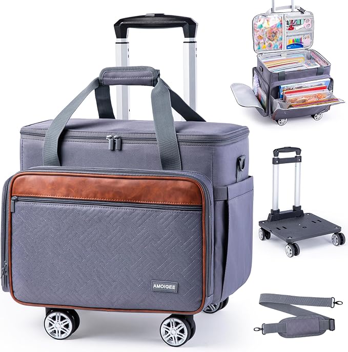 AMOIGEE Rolling Craft Bag with Wheels, 360° Swivel Rolling Scrapbook Organizer for Cricut, Paper Crafts, Classroom Supplies, Large Teacher Tote with Detachable Trolley for Men, Women by AMOIGEE