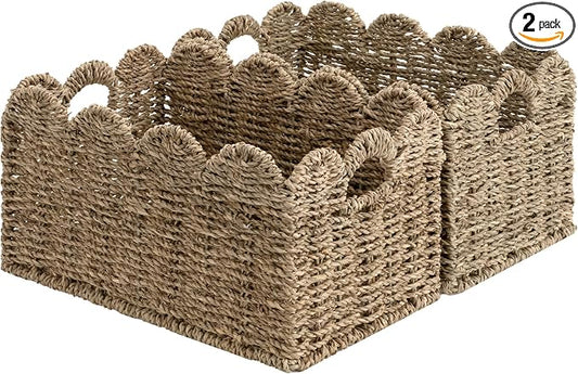 StorageWorks Wicker Storage Baskets for Shelves, Woven Basket for Nursery | Scalloped Wicker Basket for Living Room, Decorative Scalloped Baskets for Storage, Wicker Baskets for Organizing and Decor by StorageWorks