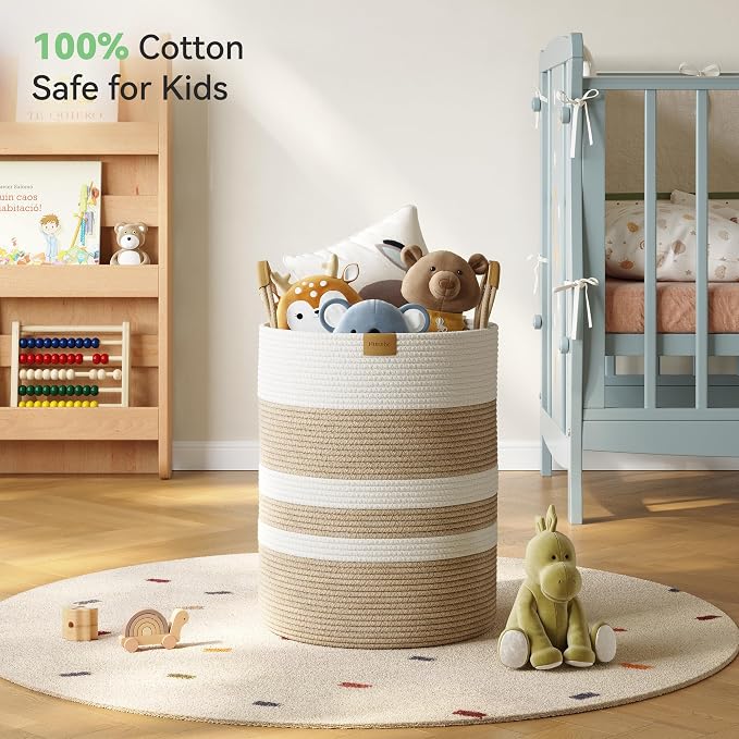 Nunsino 62L Striped Laundry Hamper with Leather Handles,Large Foldable Laundry Basket for Clothes,Cotton Rope Storage Bin for Blankets,Woven Clothes Basket for Bedroom, Beige Stripes - Image 3