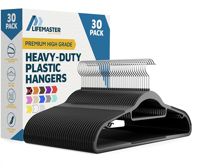 LifeMaster 30 Pcs. Dry Wet Clothes Hangers - Heavy Duty Coat Hanger Set with 360° Swivel Hook (Black) Non-Slip Rubber, Space-Saving, Frustration-Free Hanging, Accessory Tie Bar, Smart Strap Hooks by LIFEMASTER