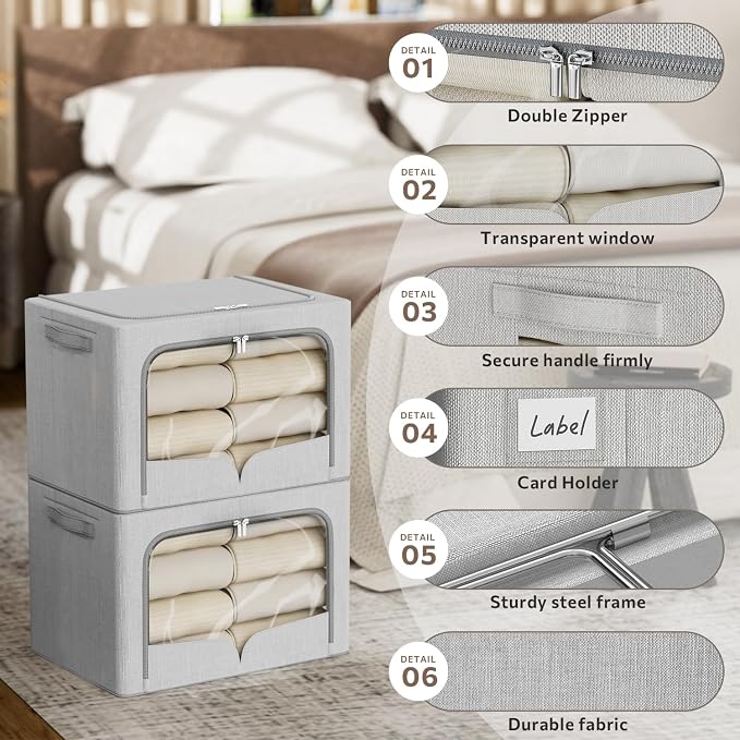 FHSQX 3 Pack Clothes Storage Bins Foldable Metal Frame Storage Box Extra Large Stackable Linen Fabric Organizer Set with Carrying Handles and Clear Window (Light Gray, 23.6x16.5x15.7inch(100L)) - Image 2