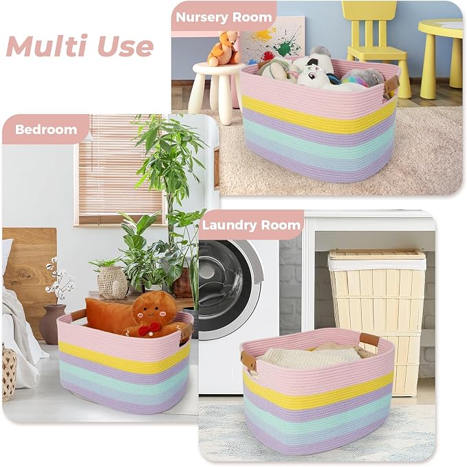 Large Laundry Basket, 108L Rectangle Woven Baskets for Storage for Living Room, Laundry, Nursery, Pillows, Baby Toy chest, Blanket Storage with Leather Handle, 25’’*16’’*16’’ Rainbow - Image 7