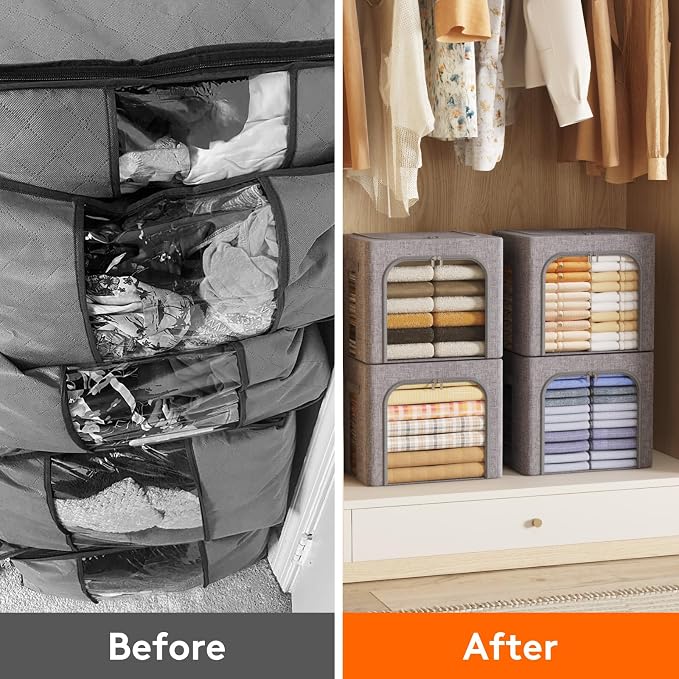 Lifewit Clothes Storage Bins with Metal Frame, Stackable Storage Box, Foldable Clothing Storage Bins with Lids, 40L Storage Bags Fabric Box Organizer with Clear Window＆ Zippers＆ Sturdy Handles 6 Pack - Image 8