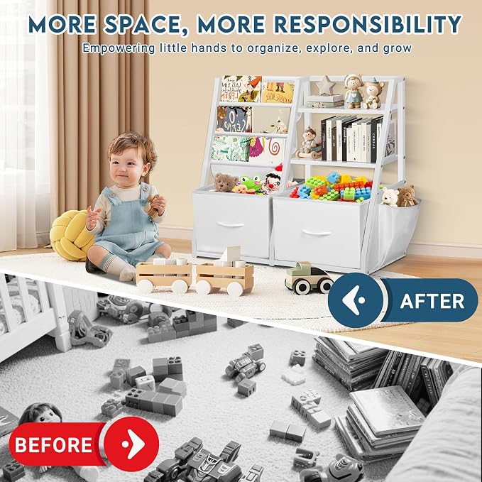 LOFTEY Kids Bookshelf and Toy Storage, Toy Box with Bookshelf, White | 29.5" Child-Friendly Height, 2 Large Fabric Drawers, 4 Sling Book Pockets, Anti-Tip Straps, for Nursery, Bedroom and Playroom - Image 4