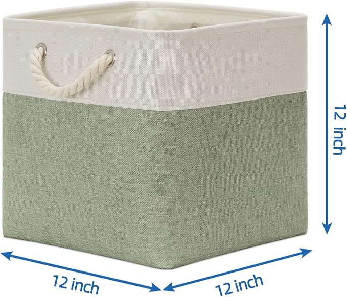 Temary Cube Storage Baskets for Shelves 12 Inch Storage Cubes 4pack Fabric Storage Baskets for Organizing Clothes, Closet Basket with Rope Handles for Home (White&Green) - Image 2
